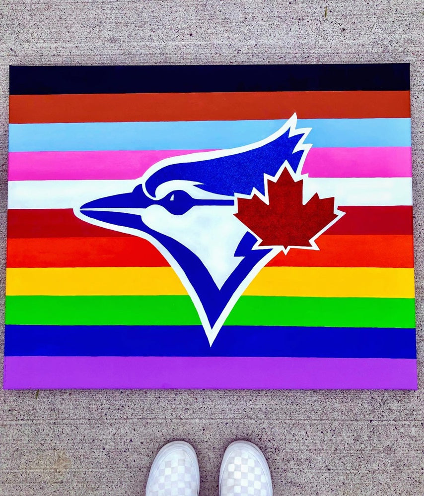 Men's Toronto Blue Jays MLB Baseball Pride Rainbow Foil T Shirt Logo White  LGBT