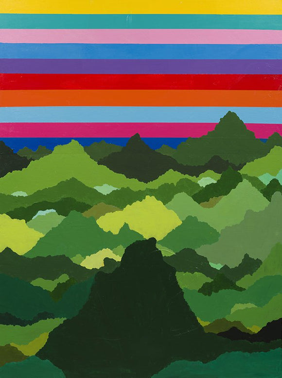 Green mountains and striped sky