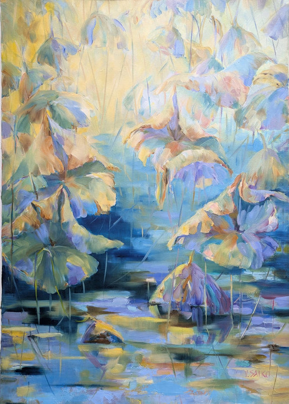 Lotus Leaves. Rays on Calm Water.