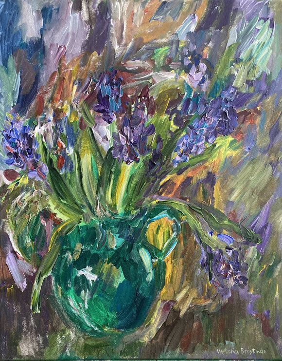 Purple Hyacinths in a Green Vase