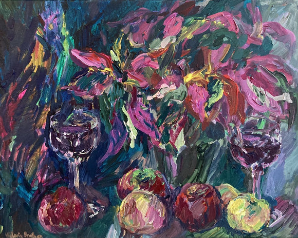 Still Life with Apples, Poinsettia, and Two Glasses of Wine