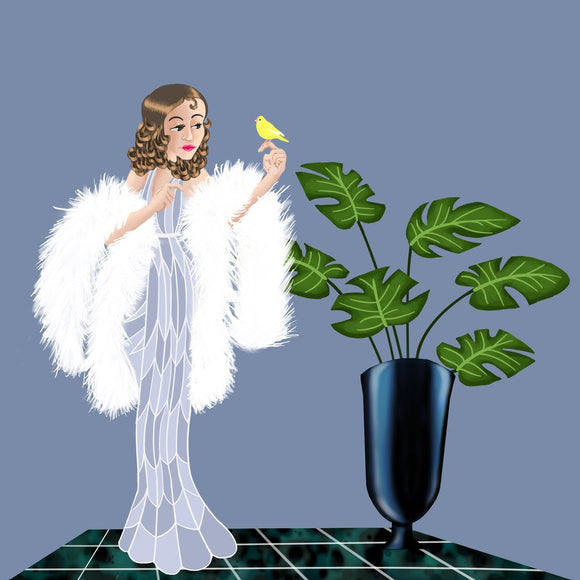 Woman with a yellow bird by the plant