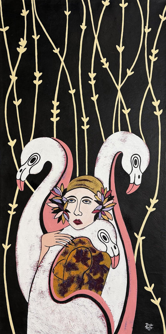 Woman and flamingos