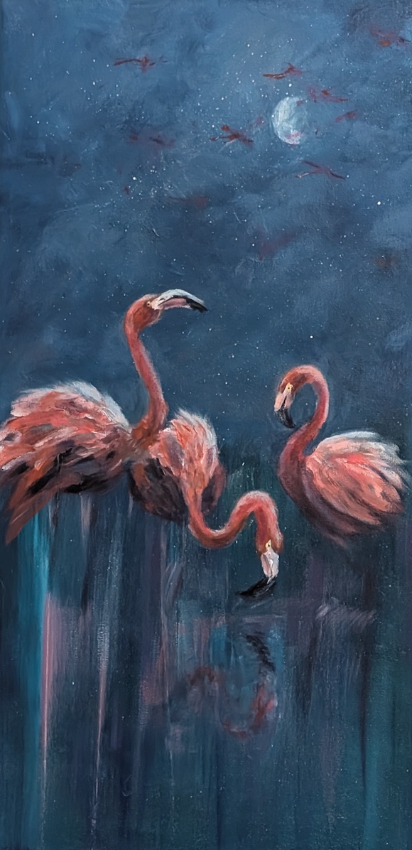Look — Vertical Flamingo Oil Painting on Canvas