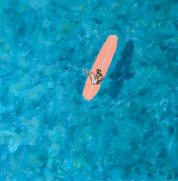 Stillness — Teal Ocean Surfer Painting on Wood Panel