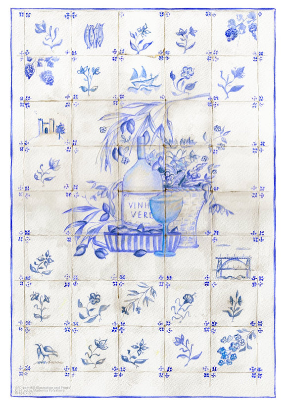 Blue Tiles with wine Bottle