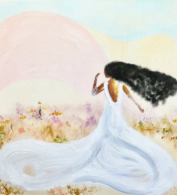 The artwork depicts a person seen from the back, surrounded by flora and a background of land and sky