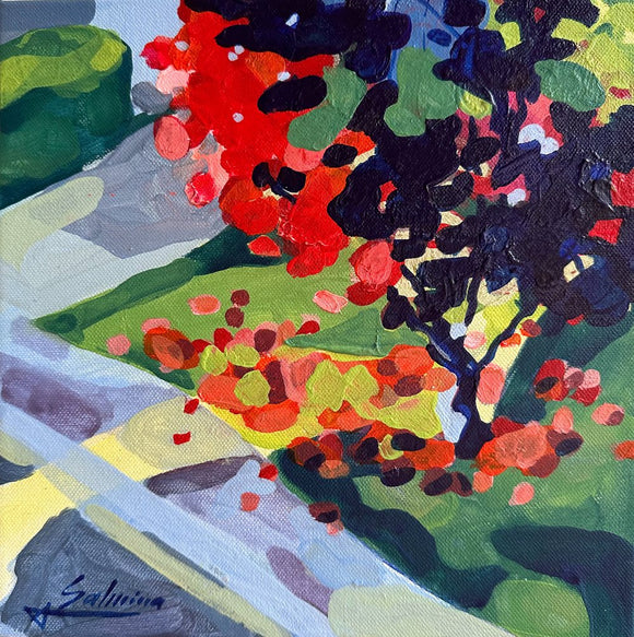 The red tree. Fall townhouse neighbourhood