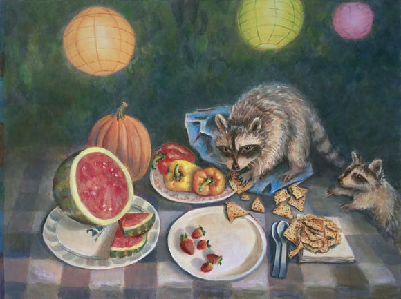 Watermelon and Raccoons at a Picnic