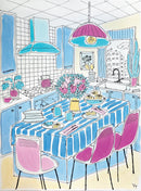 Blue kitchen with pink lamp-1