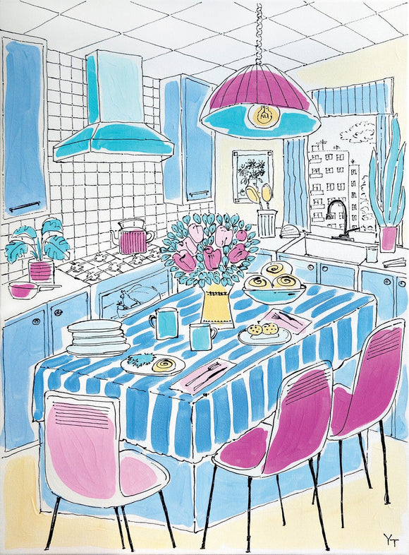 Blue kitchen with pink lamp