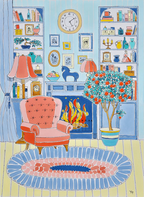 Orange chair beside a fireplace