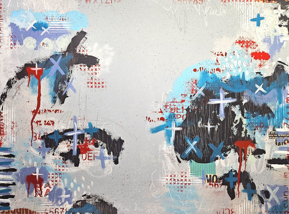 Downtown blue grey red urban abstract graffiti neoexpressionism painting