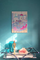 Blue kitchen with pink lamp-2