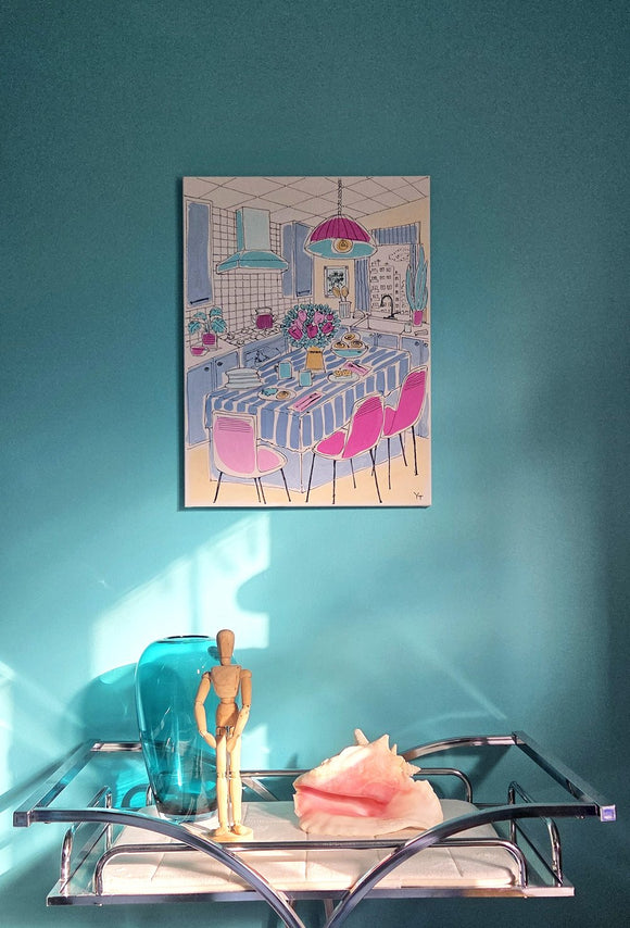 Blue kitchen with pink lamp