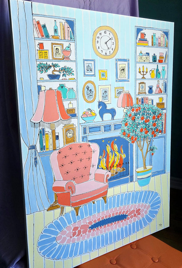 Orange chair beside a fireplace