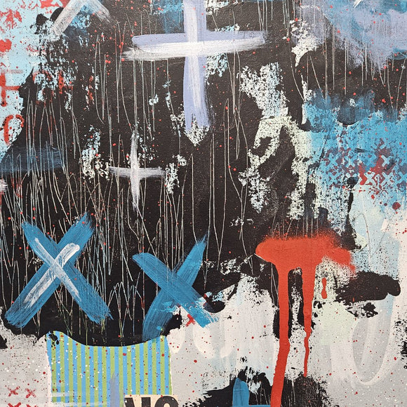 Downtown blue grey red urban abstract graffiti neoexpressionism painting