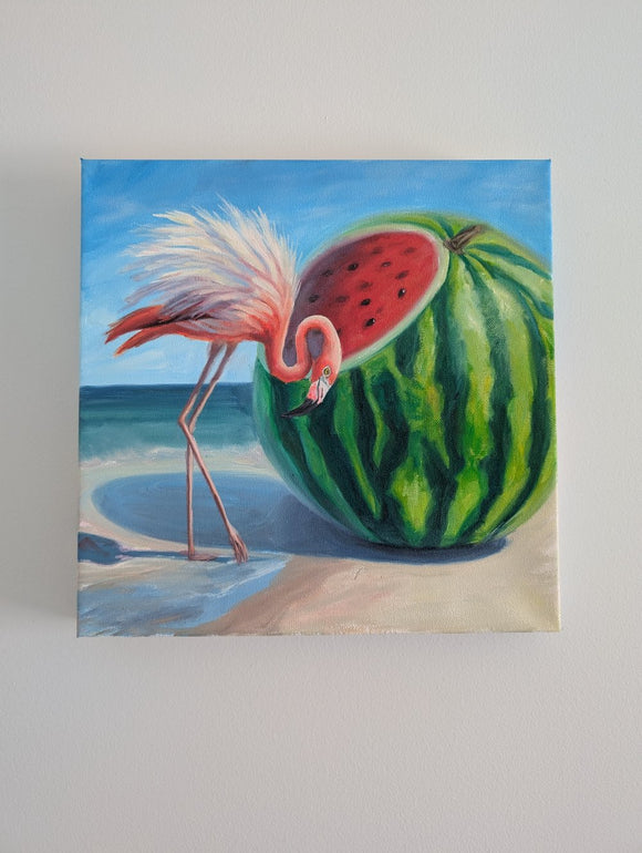 Imagine — (Flamingo Watermelon Oil Painting on Canvas)