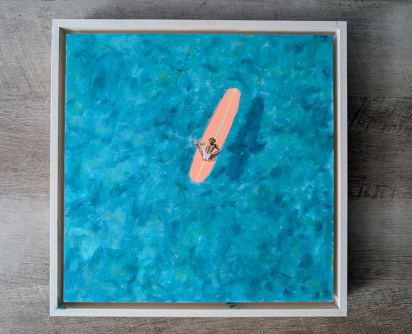 Stillness — Teal Ocean Surfer Painting on Wood Panel