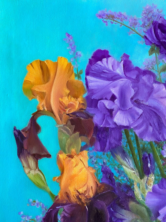 Orange & Amethyst Irises in the glass vases