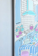 Blue kitchen with pink lamp-3