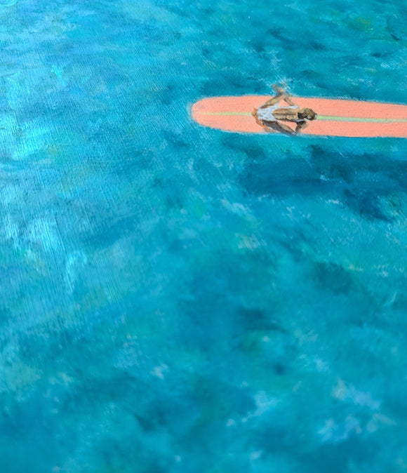 Stillness — Teal Ocean Surfer Painting on Wood Panel