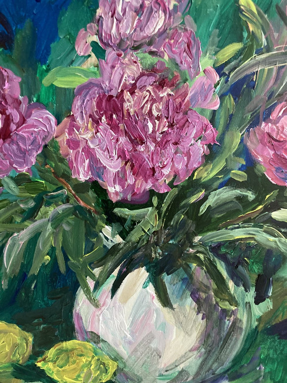 Still Life with Pink Peonies and Lemons