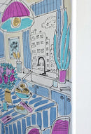 Blue kitchen with pink lamp-4