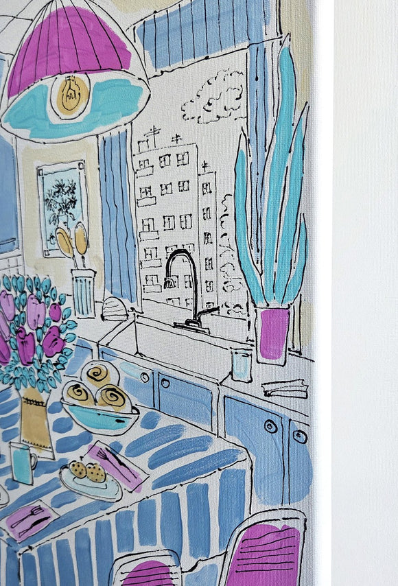 Blue kitchen with pink lamp
