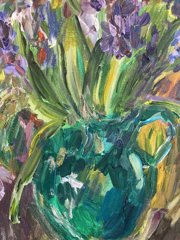 Purple Hyacinths in a Green Vase