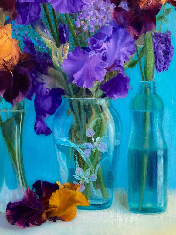Orange & Amethyst Irises in the glass vases