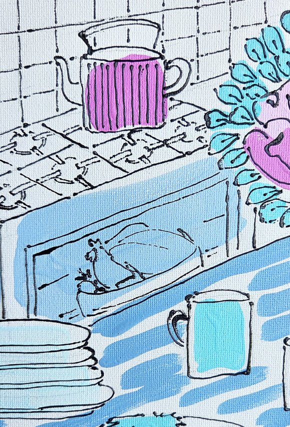 Blue kitchen with pink lamp