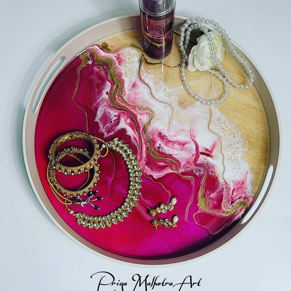 Fuschia and gold round multipurpose tray