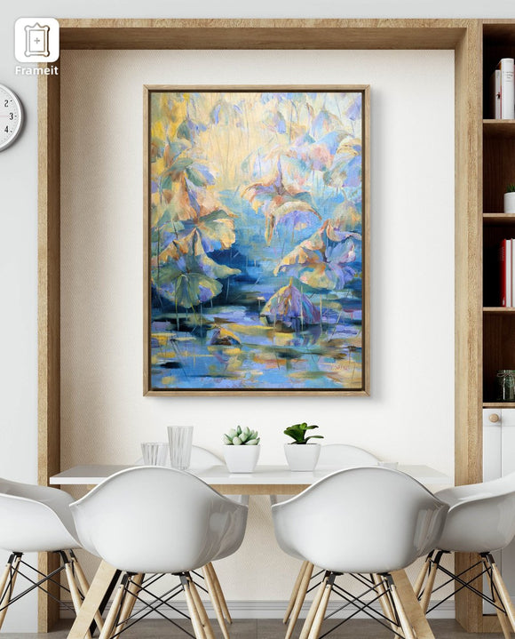 Lotus Leaves. Rays on Calm Water.