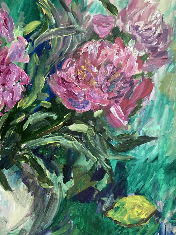 Still Life with Pink Peonies and Lemons