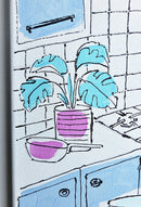 Blue kitchen with pink lamp-6