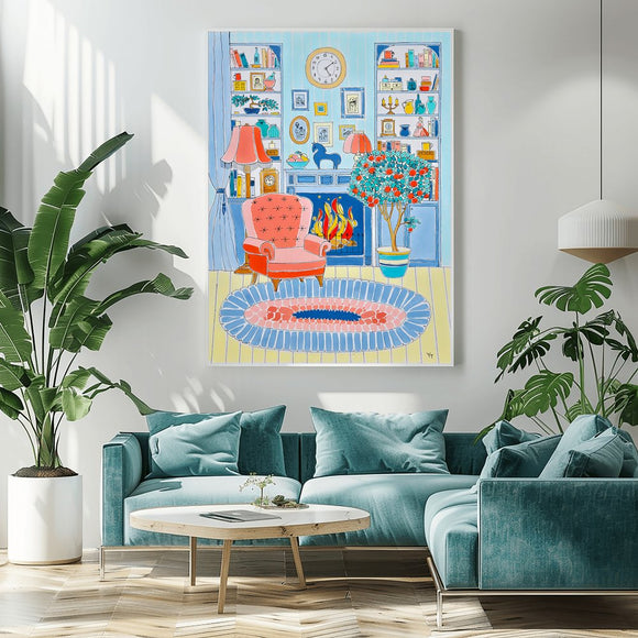 Orange chair beside a fireplace