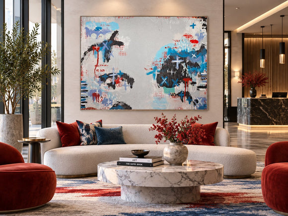 Downtown blue grey red urban abstract graffiti neoexpressionism painting