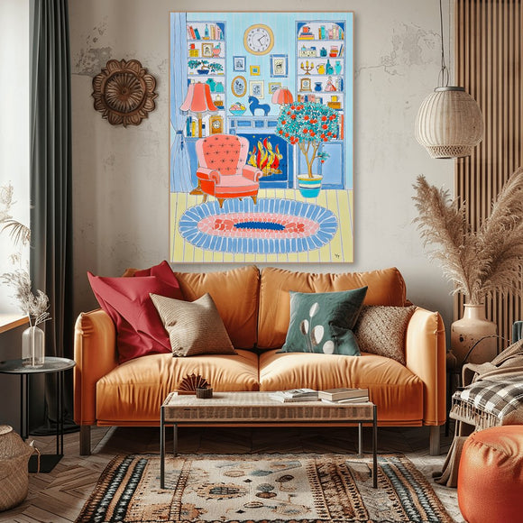 Orange chair beside a fireplace