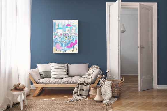 Blue kitchen with pink lamp