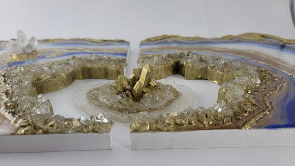 Blue White and Gold Diptych with floating crystal cluster