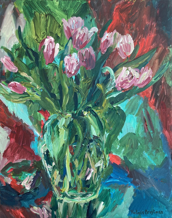 Pink Tulips in a Glass Vase. A Variation