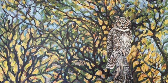 Great Horned Owl in Autumn Leaves