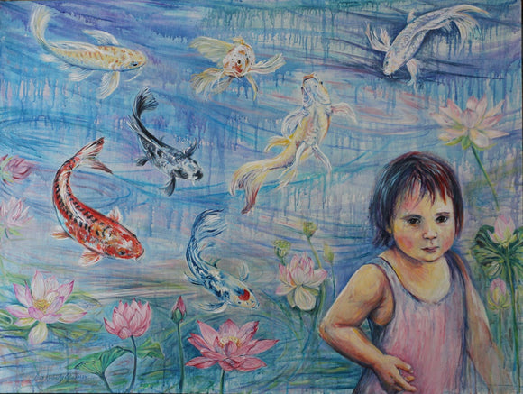 Rachel with Lotus and Koi