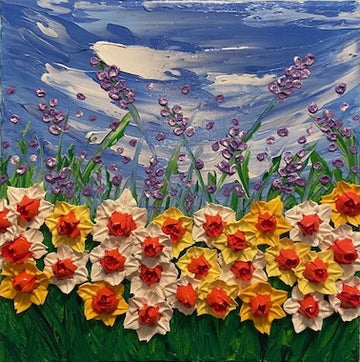 Whimsical Daffodils and lavender field