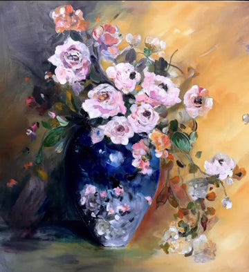 Pink Roses in Blue Vase