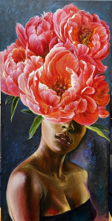 Portrait with red peonies