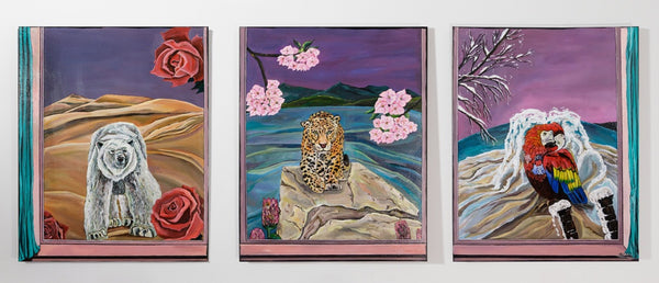 Diptych: Window_Polar Bear, Cheetah, Parrot