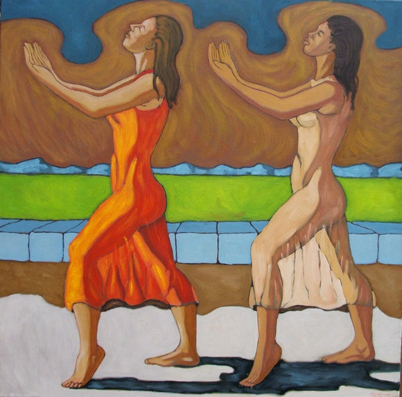 Dancers with blue mountains