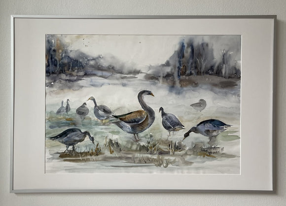 Geese in a foggy park